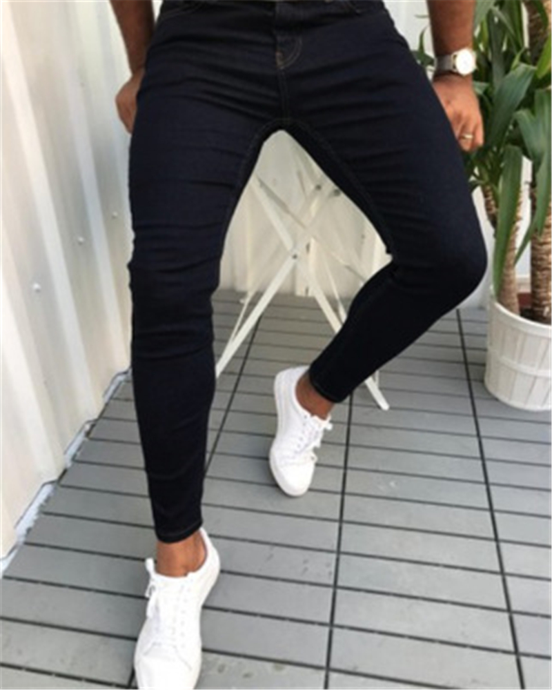 

Mens Solid Color Skinny Jeans Fashion Trend Elasticity Hip Hop Denim Pencil Pants Spring Male New Zipper Buttons Washed Casual Slim Jeans, Blue
