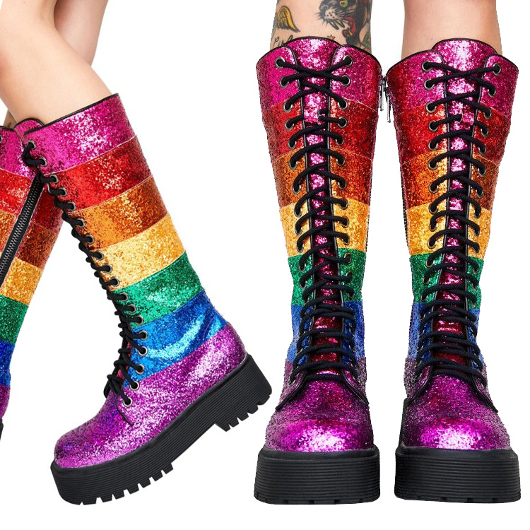 

Stripe Rainbow Color Shreds Bling Woman Thick Platform Sola Rents Up to Multi Sequins Martin Bottin Shredded Boots Iax5, Multiple