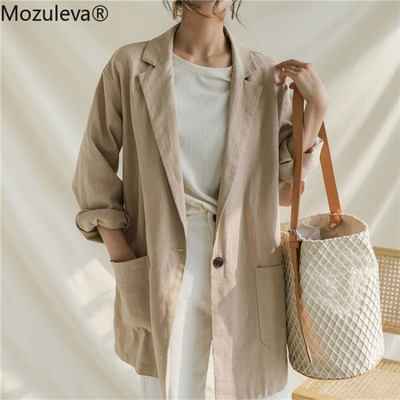 Mozuleva New Women's Blazers Casual Loose Jacket One Button Notched Cotton and Linen Vintage Pockets Blasic Tops Summer 201114Z