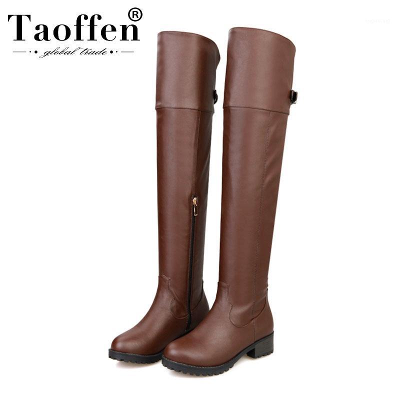 

TAOFFEN 2020 Women Pu Leather Over The Knee Boots Winter Retro Round Toe Flats Boots Buckle Zipper Shoes Woman Size 35-391, Black