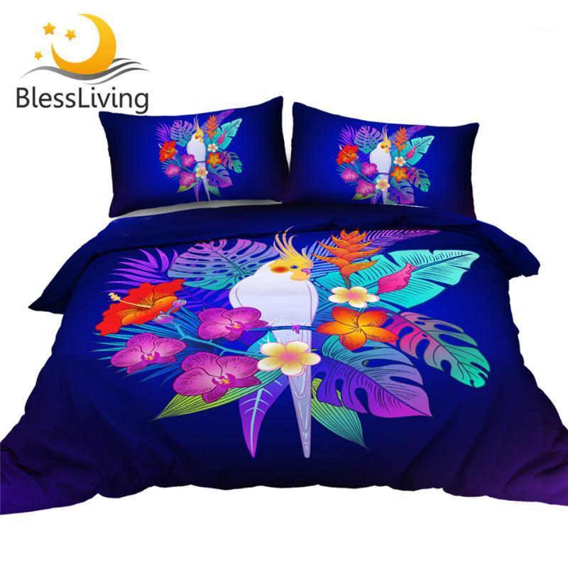 

BlessLiving Parrot Bird Bedding Set Tropical Jungle Plant Quilt Cover Leaf Floral Bed Cover Set Purple Beautiful Bedspreads 3pcs1