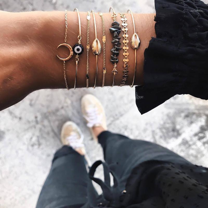 

Boho Multiple Gold Layers Bracelets For Women New Vintage Horns Eyes Shell Black Stone Chains Fashion Bracelet Set Jewelry Gift1