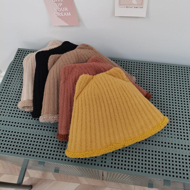 

Autumn New Style Cute Ear Knitted Fisherman Hat Style Solid Color Twist Lambwool Bucket Hat Female Warm Bucket, Black