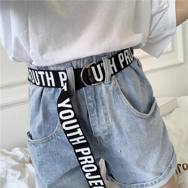 

Women Men Canvas Belts Punk Letter Printed Ladies D Ring Long Waist Strap Jeans Trouser Black White Student Casual Waistband1