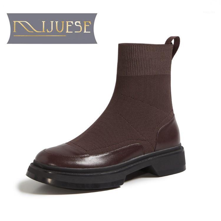 

MLJUESE 2021 women ANKLE boots Cow leather+knitted Winter short plush Round Toe Med heels female boots size 391, Brown