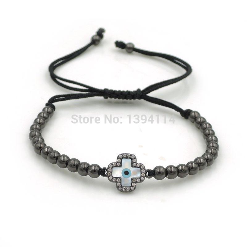 

14*11*2mm Micro Pave CZ Hamas Shell Eye Square Cross Charm & 4mm Round Beads Braided Macrame Bracelet Jewelry