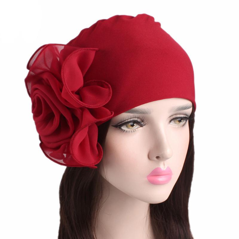 

Women Big Floral India Hat Flower Stretchy Beanie Turban Bonnet Cap Lady Bandanas African Head Wrap New Girl Chiffon Accessories, Green