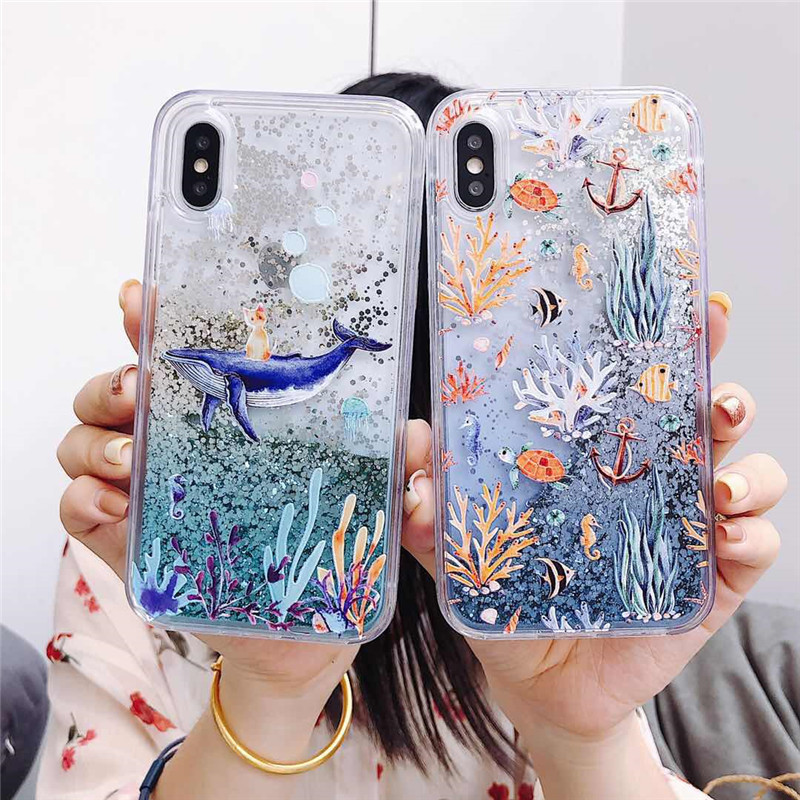 Fashion cute sea world animal whale plants glittering flow sequins quicksand phone case for iphone 12 11 pro X XS max XR 6 7 8 plus-image-615390697