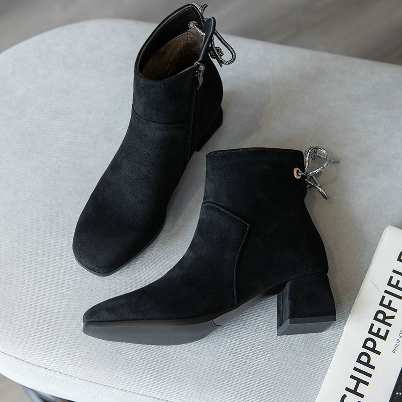 

New 2021 Sexy Round Toe Ankle Autumn Winter Flock Ladies Shoes Square High Heel Fashion Women Boots Size 34-43 Hewb, Beige