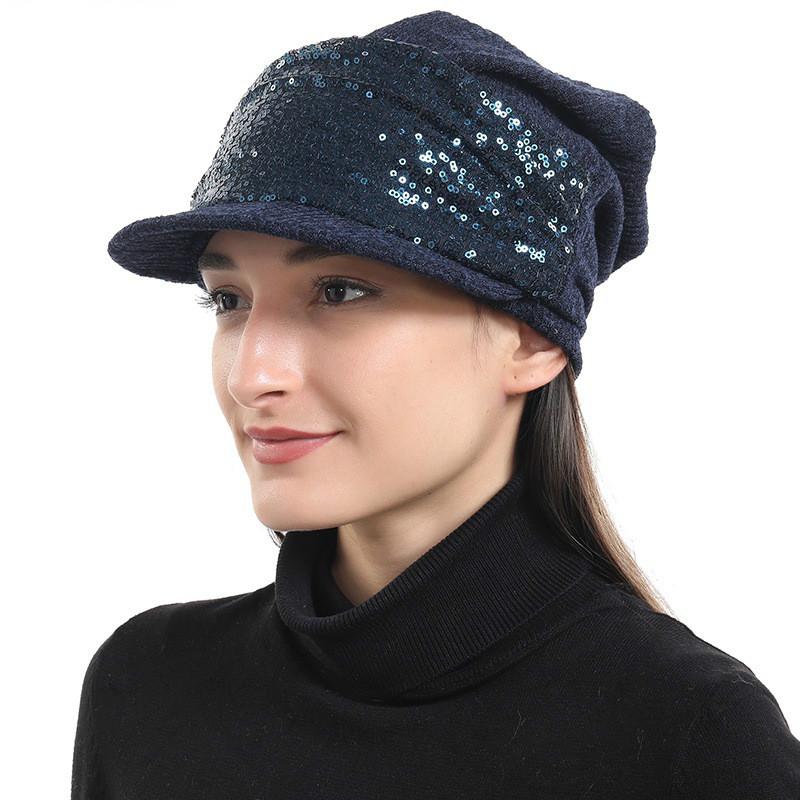 

Autumn and winter new warm knitted hat female sequin fashion wool hat cross-border empty-top short-eaves, Black