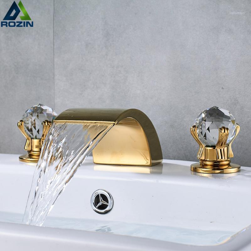 

Crystal Handle Golden Waterfall Bathroom Faucet Deck Mount Widespread Bathroom Tub Sink Faucet Chrome Basin Mixer Tap1