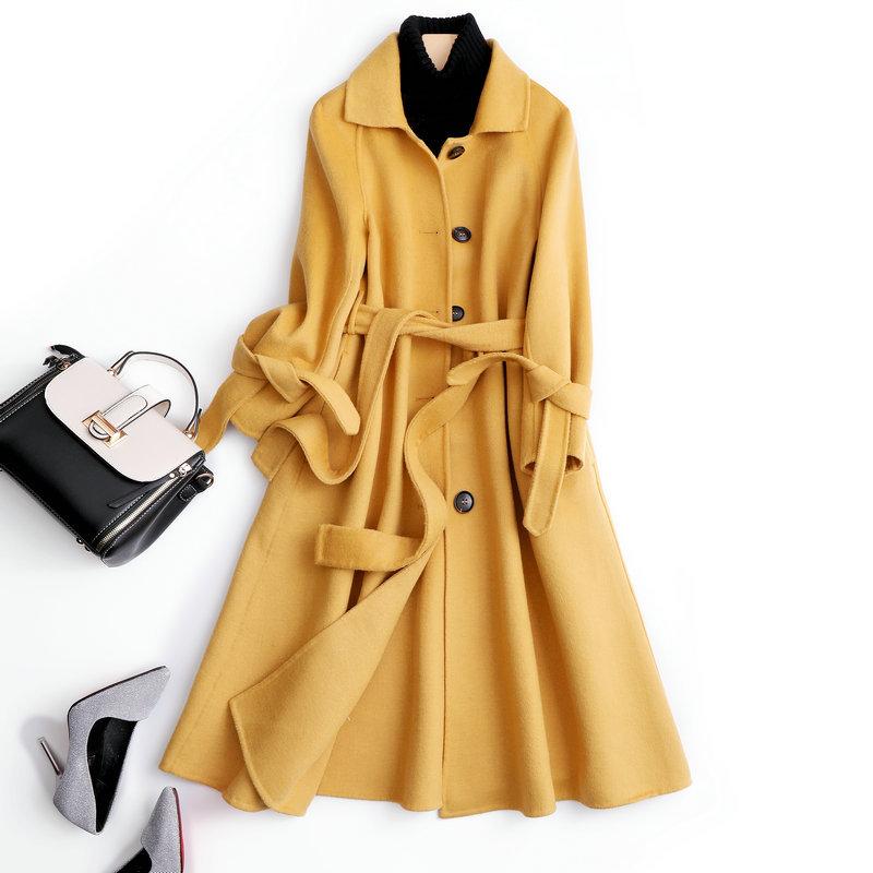 

2020 Fashion Women Autumn Winter Woolen Coat Turn Down Collar Women 100% Wool Jacket Yellow Coat Tops Chaqueta Mujer