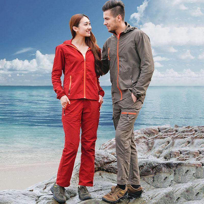 

Outdoor Men Women Spring Loose Clothing Suit Breathable Quick Dry Anti-UV Jackets Camping Hiking Sports Coat Pants1, Women red