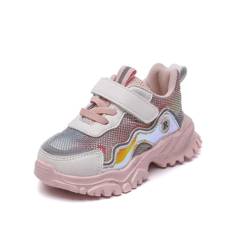 

Fashion shoes children's reflective strip sports shoes boys' net girls' light Korean baby anti slip 21-30, Pink