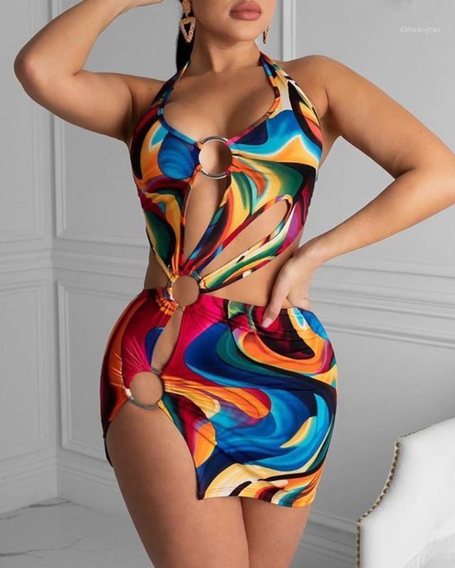

2020 Summer Sexy Hallow Out Halter Short Dress Women Colorful Print Slit Cut Out Mini Bodycon Beach Dress1, Multi