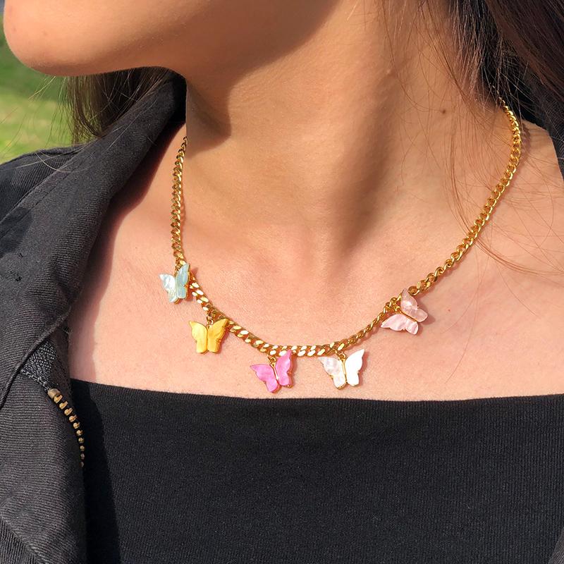 

Gold Color Stainless Steel Butterfly Necklace Choker Girls Colorful Resin Butterfly Pendant Necklace New Boho Wedding Jewelry