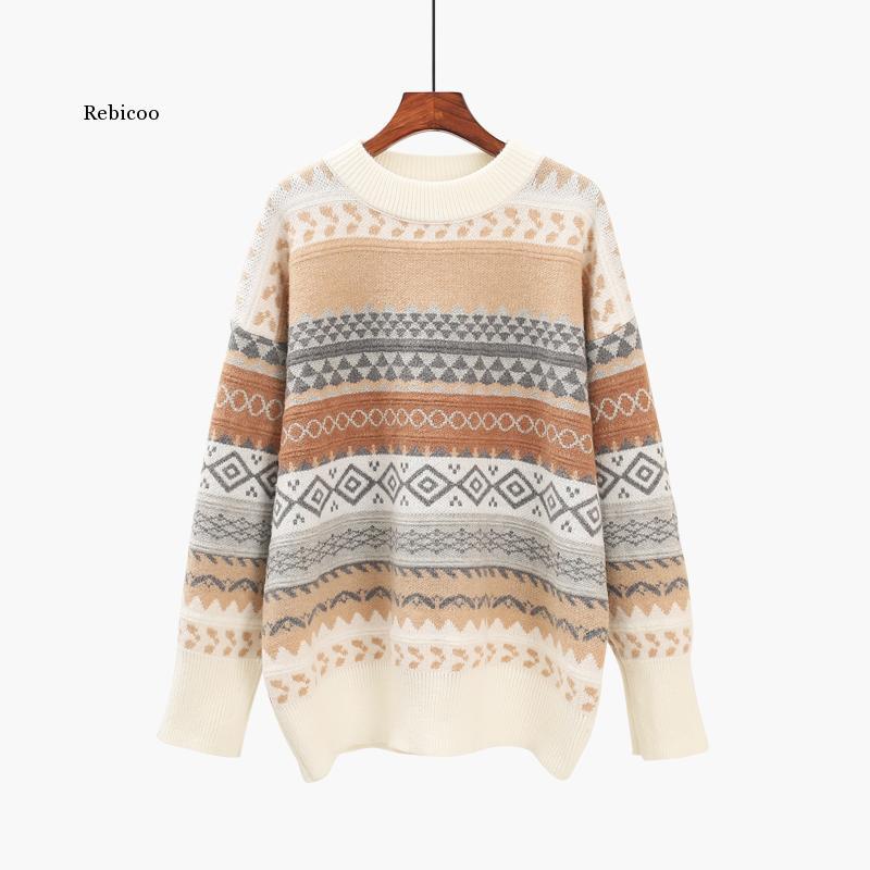 

Women Vintage Pullover and Sweaters Winter Loose Style Striped Pull Jumpers Korean Style Knitwear Casual Tops, Beige