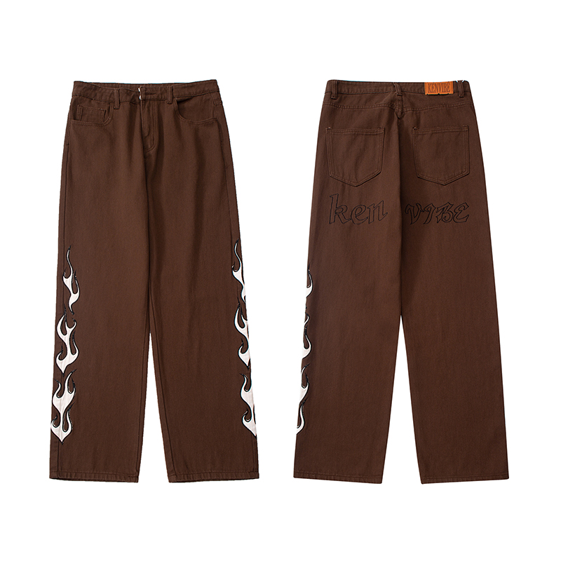 

Side Embroidery Letter Pockets Straight Mens and Womens Jeans Pants Retro Ripped Oversized Streetwear Denim Trousers, Brown