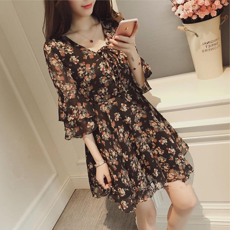 

women floral print dress casual lace sweet three quarter flare sleeve v-neck high waist empire mini dresses clothing, Black;gray