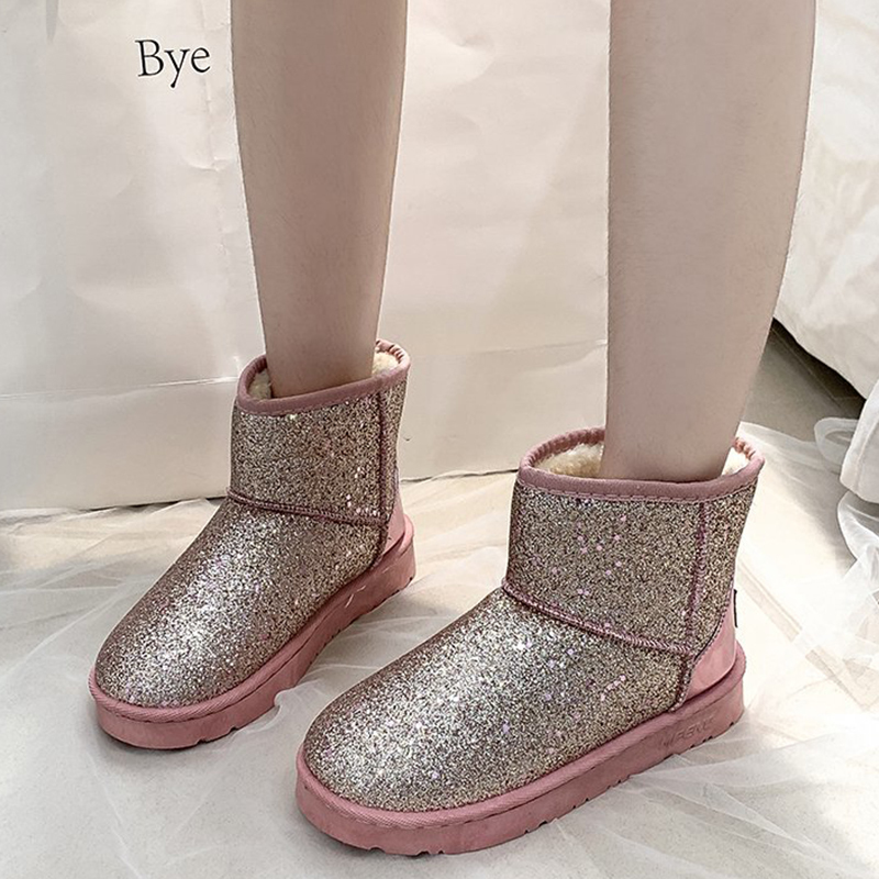 

Top gleaming sequins Thick snowshoes Teddy comfortable low heels Hot winter ankle women slithering in platform shoes, Regulation 124;gold section 124
