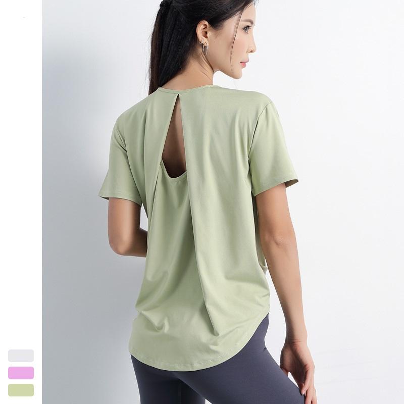 

Woman Yoga T-shirt Loose Quick Dry Short Sleeve Running Cycling Breathable Sports Shirt Back Hollow Out Solid Color Fitness Top, Blue