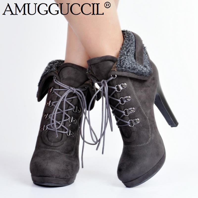 

Customize Plus Big Size 34-52 Gray Brown Lace Up Fashion High Heel Females Girl Lady Ankle Women Boots X1636