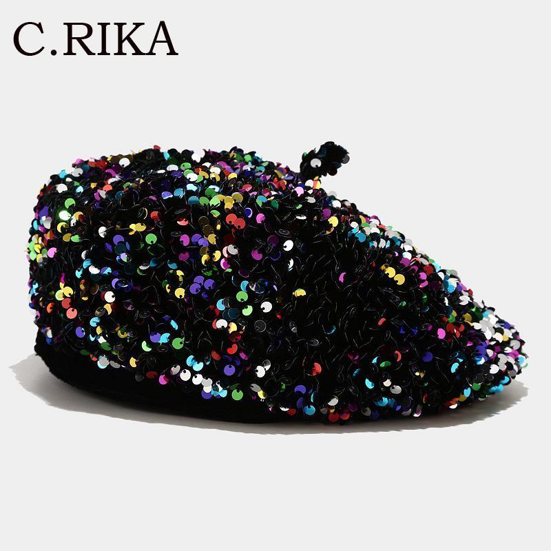 

Popular Sequins Painter Hat Female Korean Version Trendy Beret Japanese Autumn Winter British Retro Octagonal Hat Design Beret1, Blue 2