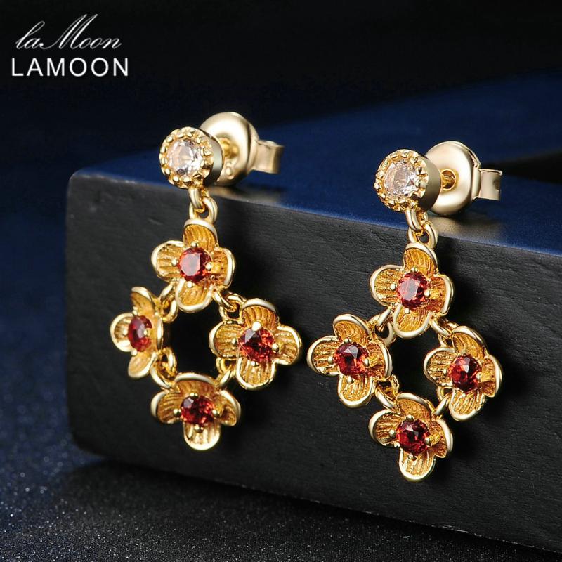 

Lamoon 8*0.6ct 100% Natural Red Garnet 925 Sterling Silver Flower Drop Earrings S925 Fine Jewelry LMEI018