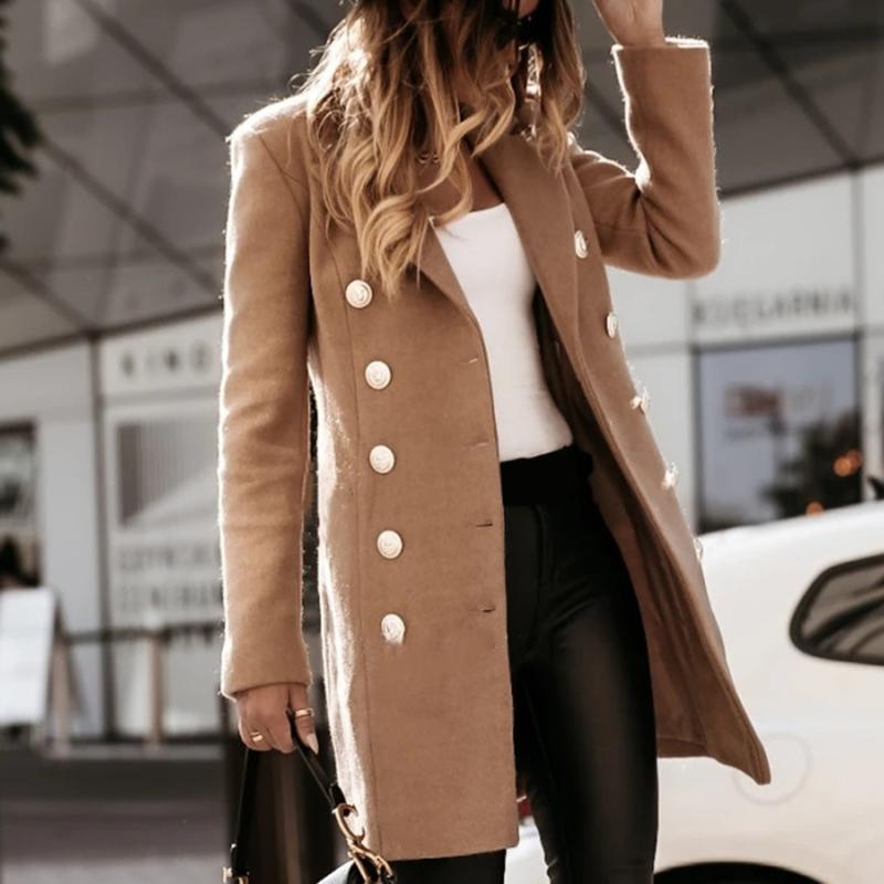 

Winter Turn-down Collar Button Women Coat Autumn Long Sleeve Pocket Elegant Office Lady Warm Jacket Streetwear Female Long Coats, White