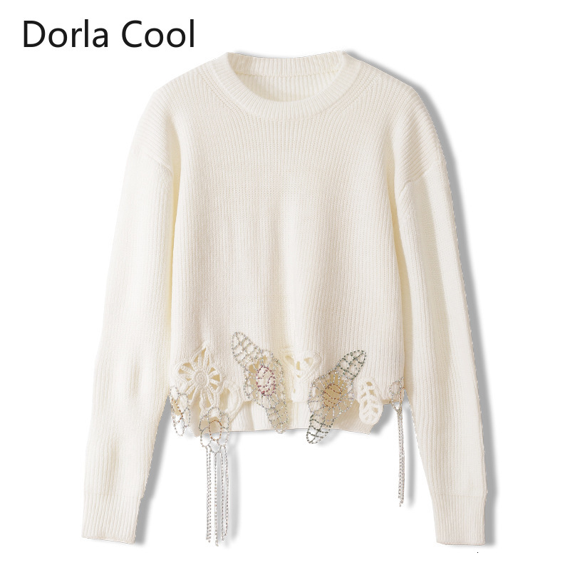 

High Female Street Lets Loose Luxury Nightgown Embroidered Lace Beads Flowers Hollow Top Jumper Out Sweet Girl Pullovers Party 2ri1, White