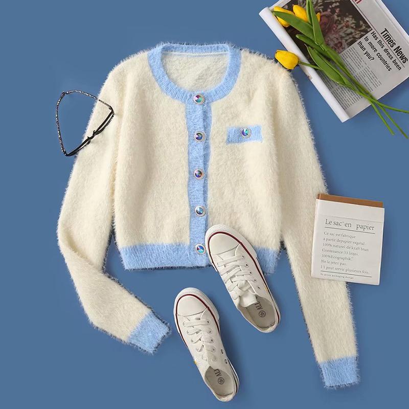 

Cardigan sweater 2020 new autumn fashion stitching women sweater cardigan jacket elegant chic slim cute women, Ivory white