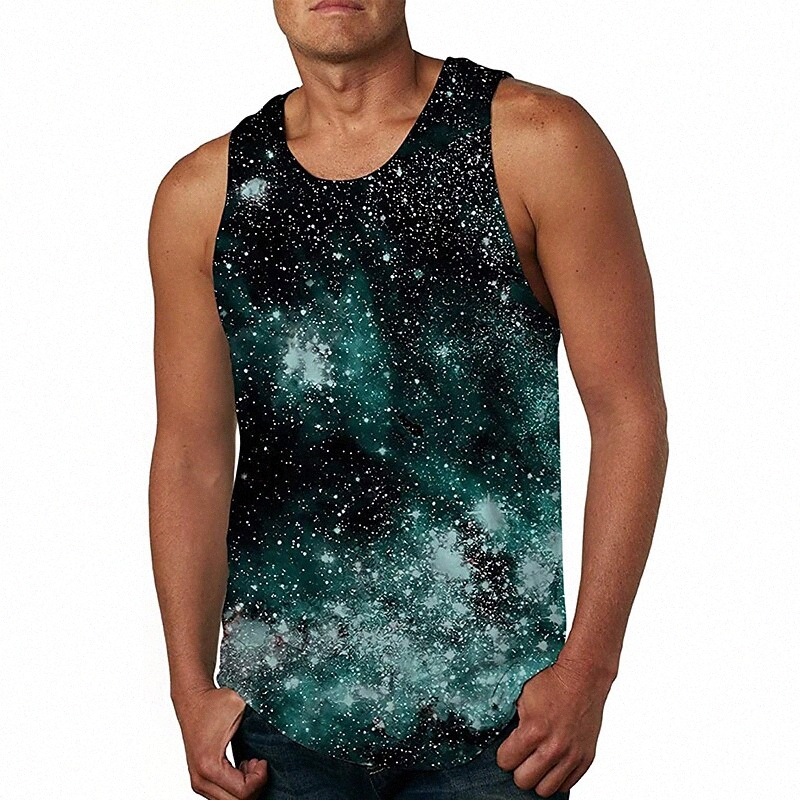 Men's Tank Top Vest Undershirt Shirt 3D Print Galaxy Crew Neck Daily Holiday 3D Print Sleeveless Tops Casual Beach Green / Black / Summer Z9