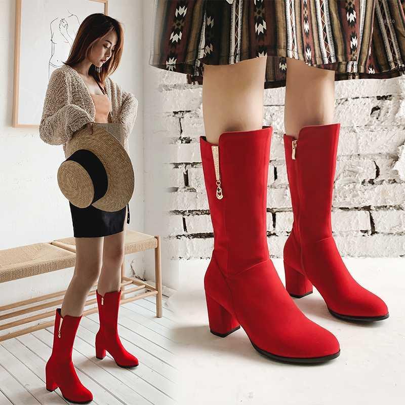 

Women's Boots The New winter fashion Round head zipper High heel Middle tube Women's shoes plus size 32-43 Heel Height 7cm black1, Black single