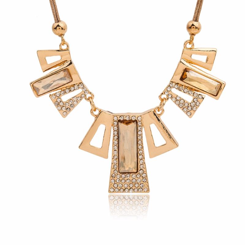 

5 Patterns Blue Red Rhinestone Geometric Golden Silver Plated Pendant Leather Necklace for Women