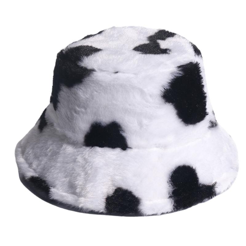

Women Winter Warm Fluffy Plush Bucket Hat Milk Cow Print Panama Fisherman Cap D08E