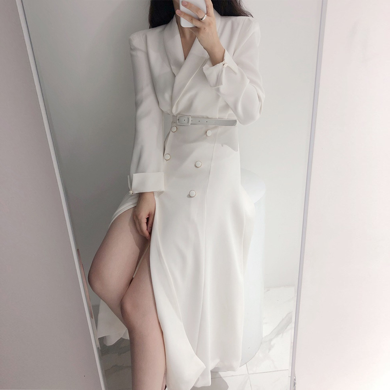 

2021 New Elegant Suit for Women Spring Autumn Office Lady Double-breasted Long Es 79m8, White