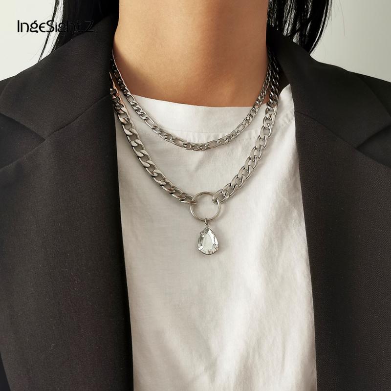 

Stainless Steel Curb Cuban Choker Necklace Multi Layered Goth Gothic Rhinestone Pendant Necklaces for Women Neck Chains Jewelry