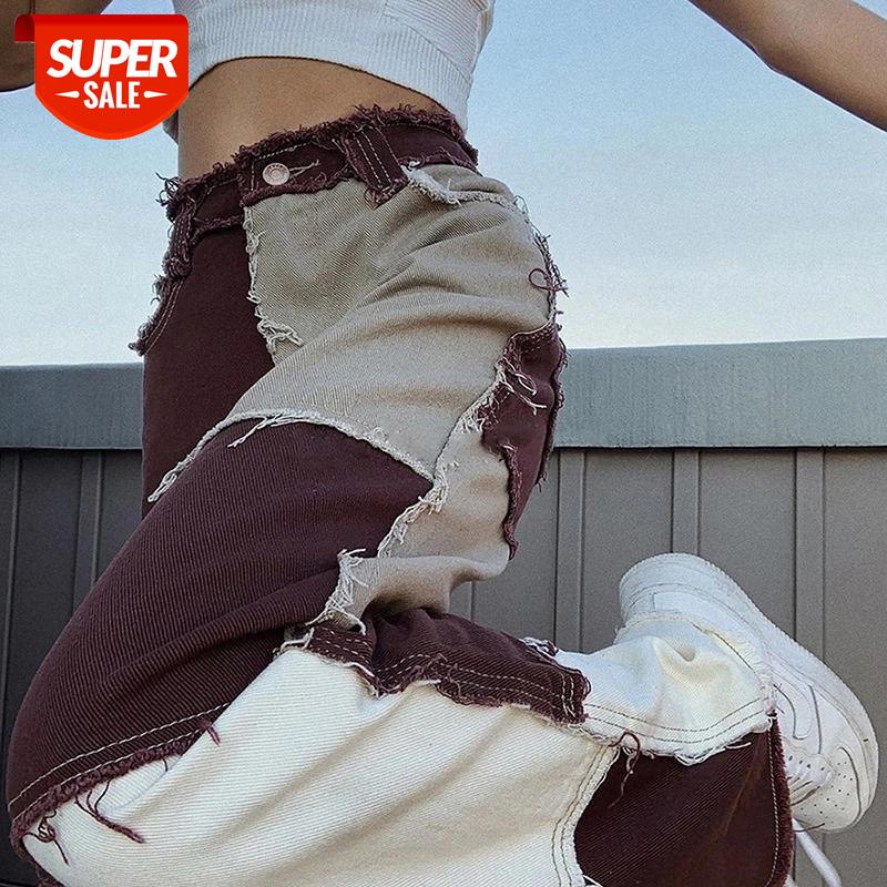 

Contrast Color Distressed y2k Jeans Pants Women Harajuku Chic Streetwear Outfits High Waist Straight Denim Pants Streetwear #xR6S, Black;white