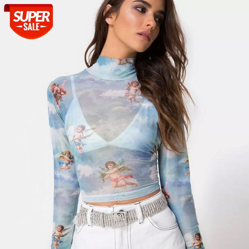 

New Fashion Women See-through Sheer Mesh Fishnet T-Shirt Crop Top Cute Angel Printed Female Summer Mesh Tops #3R9Z, White