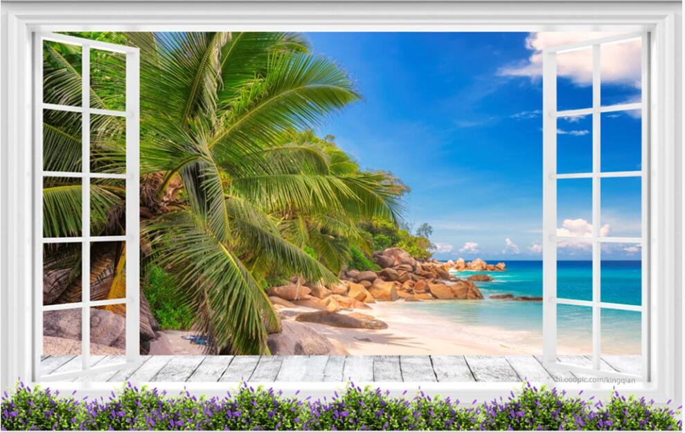 

custom photo mural 3d wallpaper French windows beach and seaside scenery home decor 3d wall murals wallpaper in the living room, Non-woven wallpaper