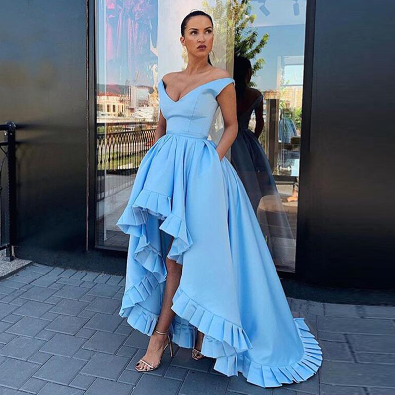 

Simple High Low Ball Gown Prom Dresses with Pockets V-Neck A-Line Light Sky Blue Satin Short Front Long Back Party Gown Graduation Dress, Black