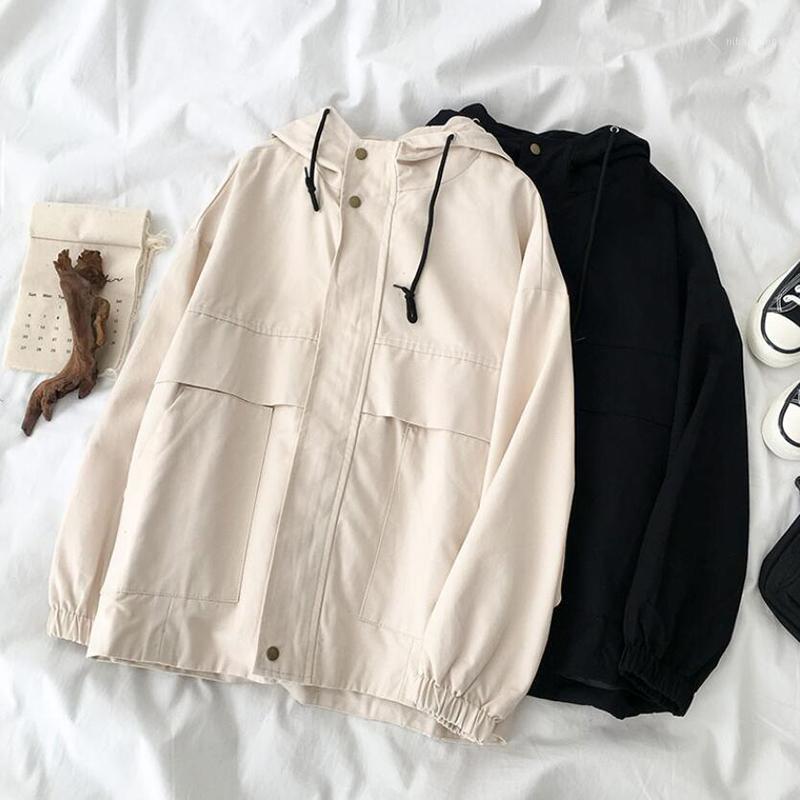 

2020 spring autumn women jacke streetwear fashion Long Sleeve casual vintage hooded jackets coats Loose oversize outerwear1, Black