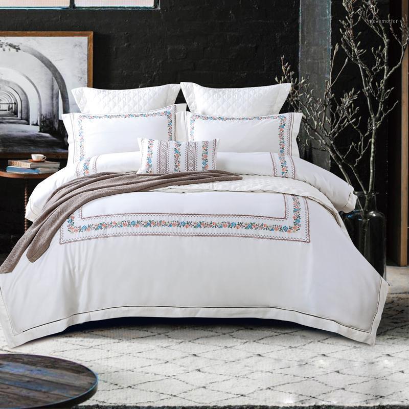 

34White Noble Elegant Embroidery 60S Long Staple Cotton Satin Bedding Set Duvet Cover Bed Linen Bed sheet Pillowcase King Queen1