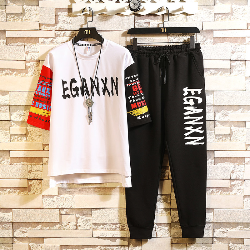 

2021 New Men Spring Summer M-3xl T-shirts+pants 2 Pieces Sets Cotton Pocket O-neck Short Sleeve Hip Hop Cool Mens Tracksuit 0jez, Black