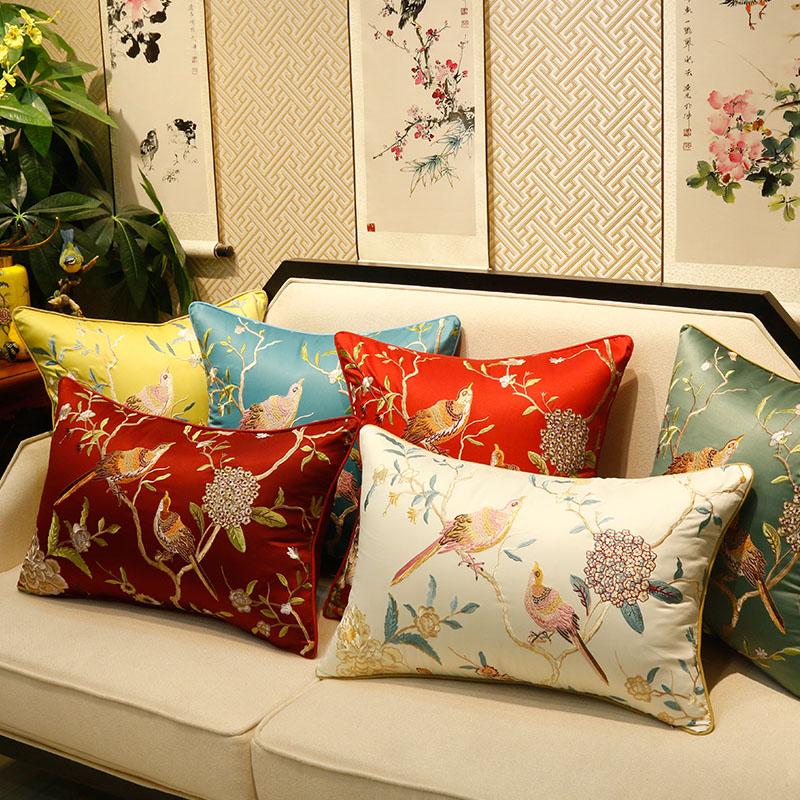 

Flowers Birds Embroidery Sofa Cushion Cover Classical Chinese Style Bamboo Leaves Waist Pillowcase Home Decor Pillow Cases, Veemi 12