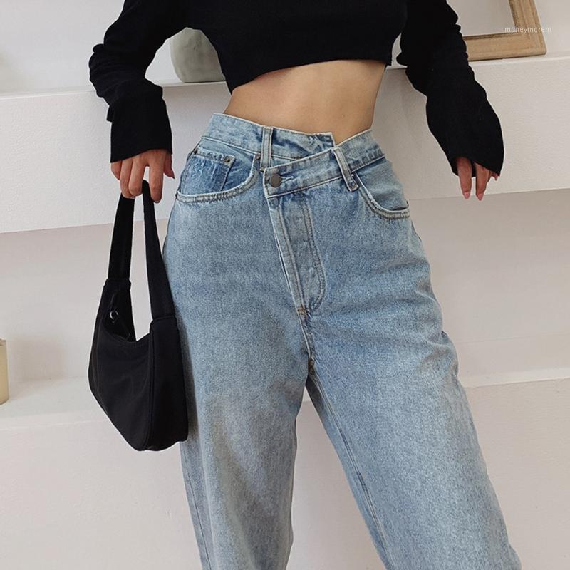 

Vintage 90s Women Straight Leg Jeans Asymmetric Waist Loose High Waist Jeans Fashion Casual Women Summer Denim Pants1, Black
