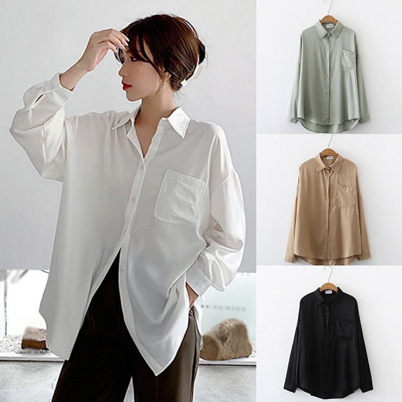 

Women's Solid Pockets Temperament Loose Leisure Long Sleeve Blouse Shirts, Khaki