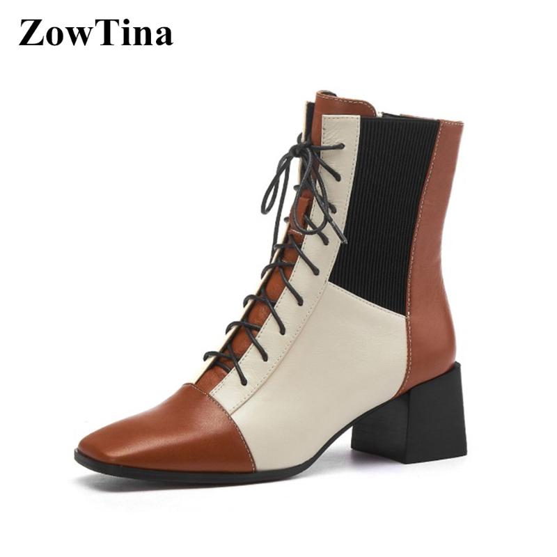 

Autumn New 2021 Women Short Knight Boots Mixed Brown CrossTied Short Platform Botas Mujer Elastic Winter Rubber Botines Mujer