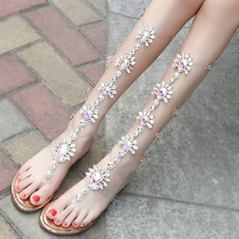

Gladiator Knee High Flat Women's Strass Buckle Belts Crystal Sandals Boots Summer Bohemia Beach-style Shoes Mqxf, Champagne