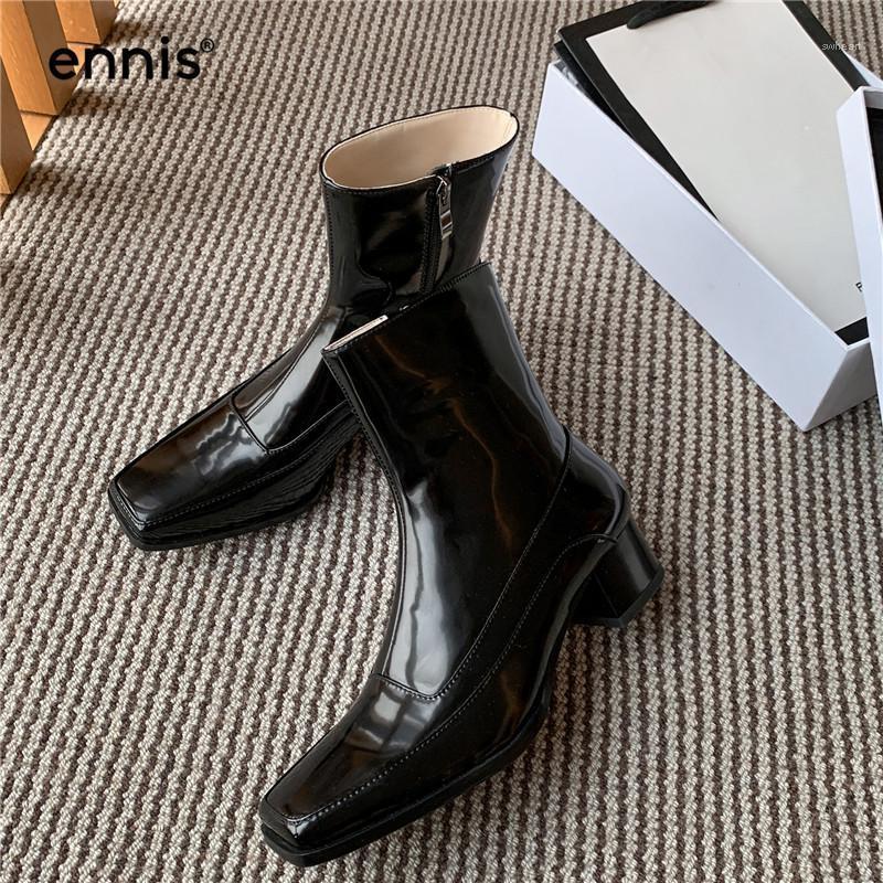 

ENNIS Chunky Heel Boots Women Square Toe Shoes Black Red Ankle Boots Split Leather Woman Booties Zipper Shoes Winter NEW A00591